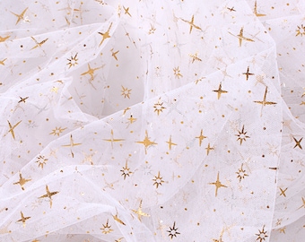 Soft tulle fabric, cross star lace fabric, gold cross print tulle lace fabric for party decor, backdrop, doll dress, cosplay, tutu dress