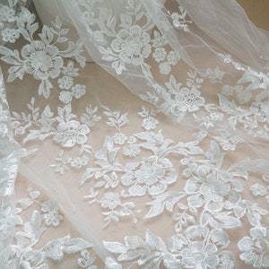 Flower Lace Fabric in Light Ivory, Embroidery Floral Tulle Fabric, Mesh Tulle Fabric for Wedding Dress, Bridal Lace Fabric, Sold By the Yard