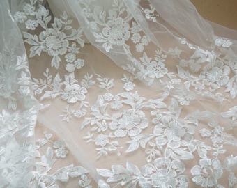 Floral Lace Fabric in Ivory, Embroidery Floral Tulle Lace Fabric, Mesh Tulle Fabric for Wedding Dress, Bridal Lace Fabric, Sold By the Yard