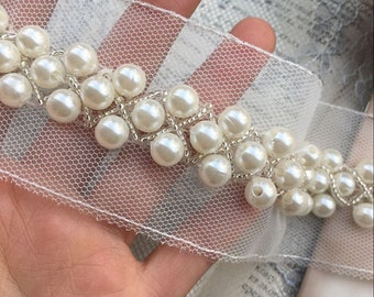Bridal Beaded Lace Trim, Beaded Pearls Trim On Mesh, Beading Mesh Trim for Bridal Sash, Wedding Belt, Pearl Dress Straps, Prom Dress