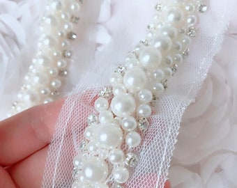 Exquisite Pearl Beaded Trim with Rhinestones in Ivory, for Wedding Shoes, Bridal Veil, Headbands, Belts, Gown Straps, Bridesmaids Sash