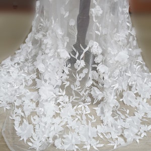 3D Ivory Chiffon Floral Lace Fabric, 3d Embroidery Tulle Fabric Exquisite Bridal Wedding Fabric 51.2" Width By the Yard