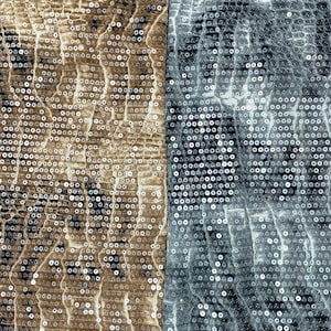 Könnte beinhalten: Eine geteilte Stofftextur mit einem vertikalen Abschnitt aus beigem, schlangenförmig gemustertem Material, das mit kleinen, reflektierenden Pailletten bedeckt ist, und einem vertikalen Abschnitt aus grauem Material mit passenden reflektierenden Pailletten.