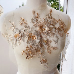 Gold Beaded Lace Applique, 3D Floral Embroidery Lace Applique with Beading Pearls and Rhinestones, for Weddings, DIY Sewing Supplies
