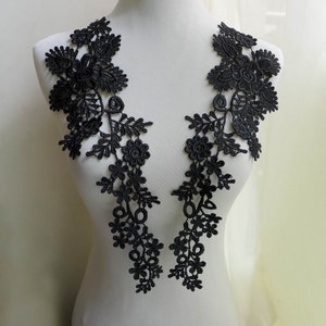 Venise Lace Floral Applique Pair in Black for Dress Applique, Bridal, Clothing Design