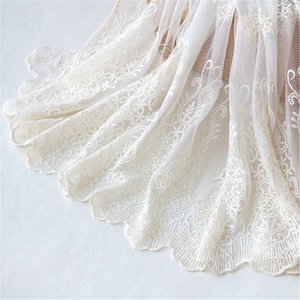 Super wide lace trim beige floral embroidered tulle lace fabric for bridal, dress, cuffs, costume design, curtain edges