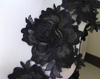 Roses trim, black venice lace trim, black roses applique, rose large flower, one meter