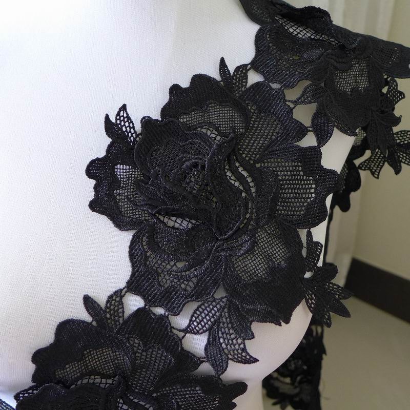 Roses Trim, Black Venice Lace Trim, Black Roses Applique, Rose