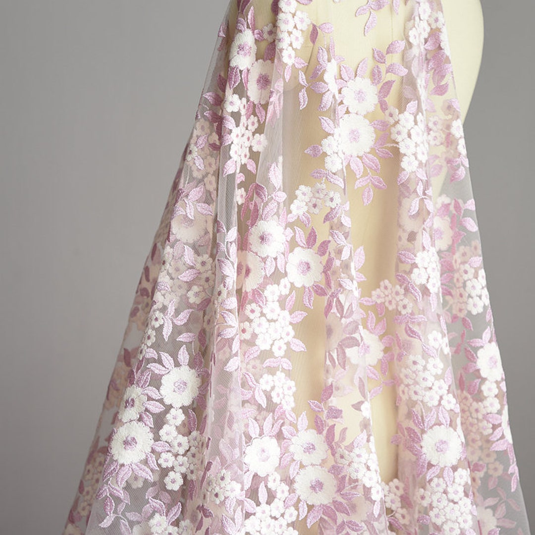 Lavender Floral Applique and Embroidery with White Tulle Background (Fabric)