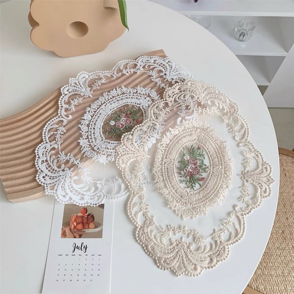 Retro Beige Off white Rose Flower Embroidery Lace Applique Luxury Oval Table Mat Bag DIY Wedding Dress Lace Bridal Veil Accessories