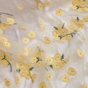 51" Wide Adorable Yellow Sunflower Floral Embroidery Lace Fabric for Girl Dress, Spring Dress, Birthday Dress, Tablecloth, By the Yard