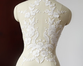 Gorgeous Wedding Lace Applique, Ivory Floral Embroidery, Bridal Gown Applique, One piece
