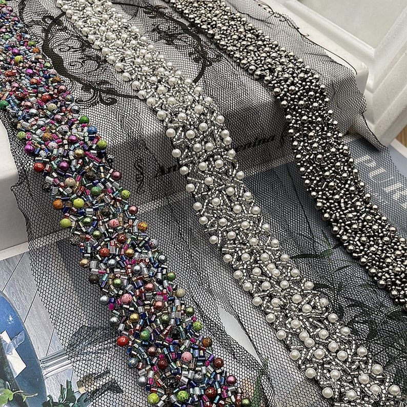 Wide Beaded Trim Beaded Mesh Trim Beaded Lace Trim Pearl Etsy