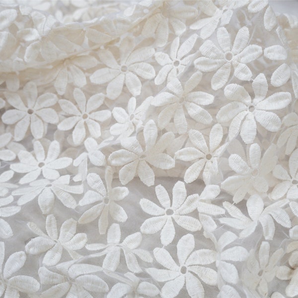Beige Daisy Flowers Embroidery Off white Organza Lace Fabric, Floral Embroidery Fabric for Dress, Lace Top, Outfits, Costume