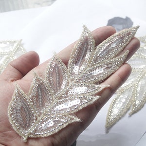 Leaf lace applique, leaf lace patch, beaded leaf patch, sequins lace patch, beaded applique patch for headpiece wedding shoes clothes DIY