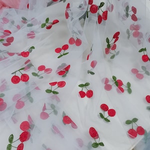 Adorable Cherry Fabric, Soft Tulle Lace Red Cherry Embroidery Mesh Fabric for Girl Dress Tutu Dress Wedding Dress Bridal Veil By 1 Yard
