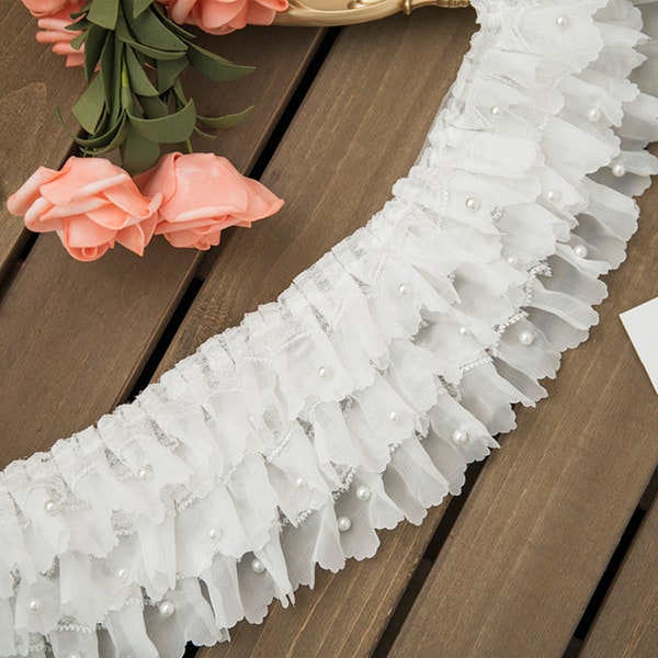 3 Layers Chiffon Ruffle Lace Trim with Pearls Pleated Chiffon Lace for Doll Dress, Collar, Sleeve, Girl Dress