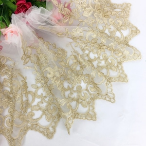 11" Wide Gold Alencon Lace Trim, Corded Lace Trim, Embroidered Flowers and Branches Pattern Lace Trim for Weddings, Veils, Gloves, Garters