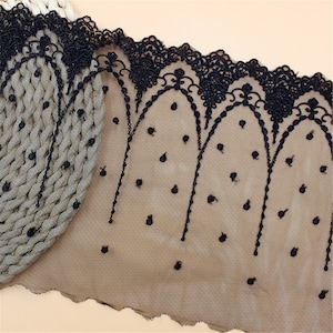 Gorgeous Black Dot Floral Embroidery Tulle Lace Trim Embroidered Mesh Lace 7.9 Inches Wide Sold By the Yard