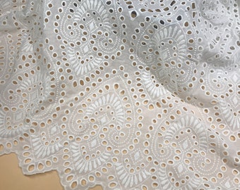 Retro Eyelet Cotton Lace Fabric, Off white Cotton Fabric with Scalloped Edges, Embroidery Cotton Fabric 49" Width Sold By the Yard