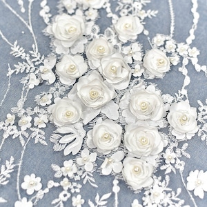 3D Flower Beaded Pearl Tulle Lace Fabric, Beautiful Off White Embroidered Lace Fabric For Wedding Dress, Illusion Gowns, Alter Couture