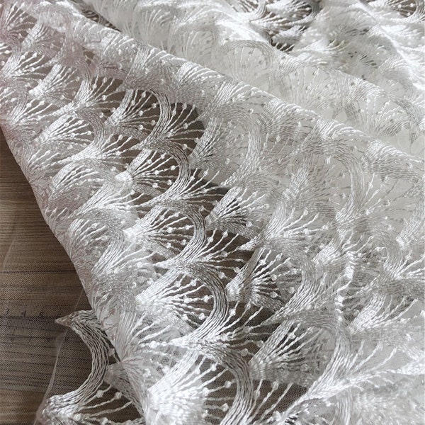 Delicate Scallop Lace Fabric In off white,  Embroidery Mesh Lace Fabric For Dance Costume, Wedding Veil, Dress 51" Wide By the Yard