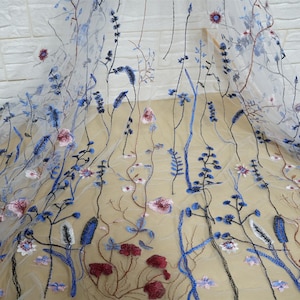 Soft Tulle Lace Colorful Embroidered Lace Fabric on Off white Tulle Fabric for Wedding Dress, Tutu Dress, Skirt, Gown, Hot Sale!