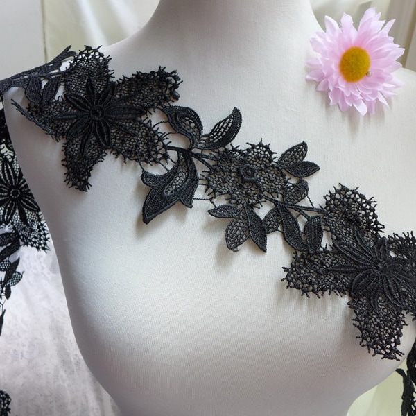 Applique de dentelle de venise feuille noire et garniture de fleur pour robe de mariée, applique dentelle, bijoux ou costumes