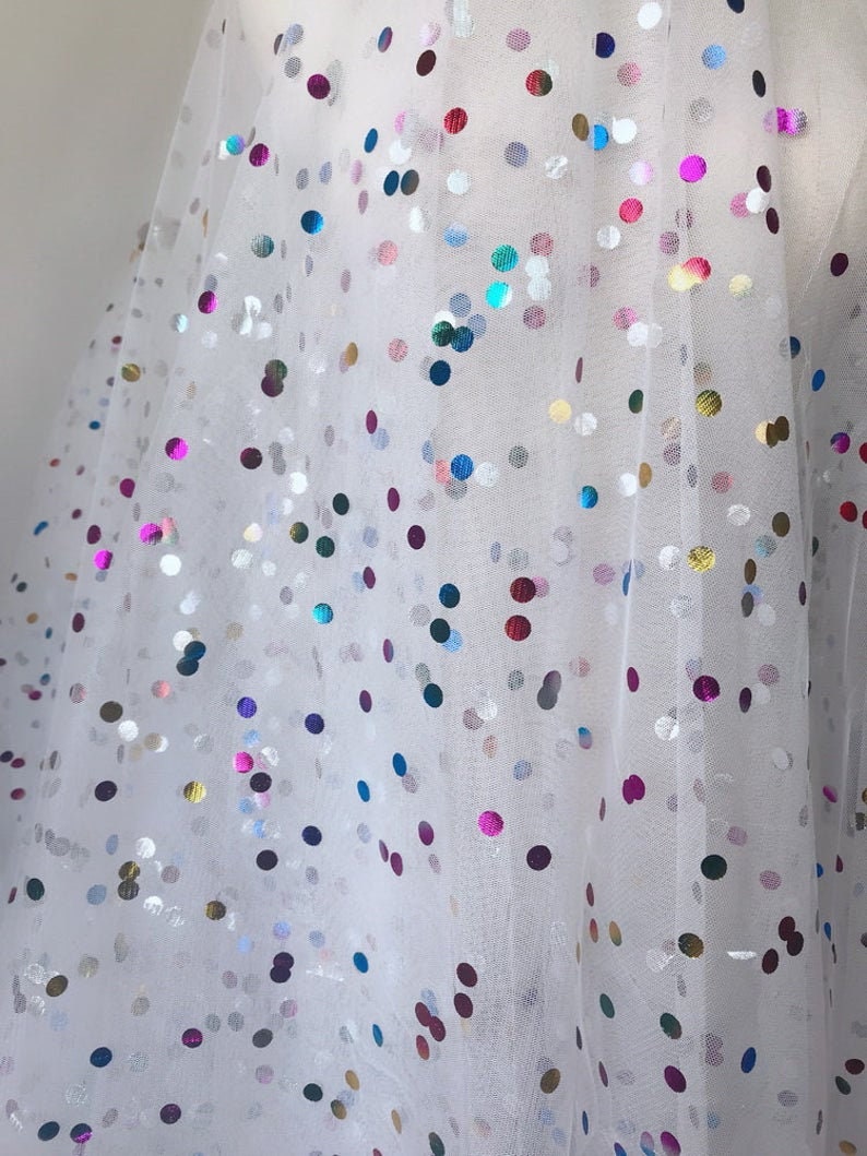 Off white Tulle Fabric, Rainbow Polka Dots Tulle Fabric, Colorful Polka Dots Mesh Tulle Fabric for Tutu Dress, Wedding Gown, Veils image 10