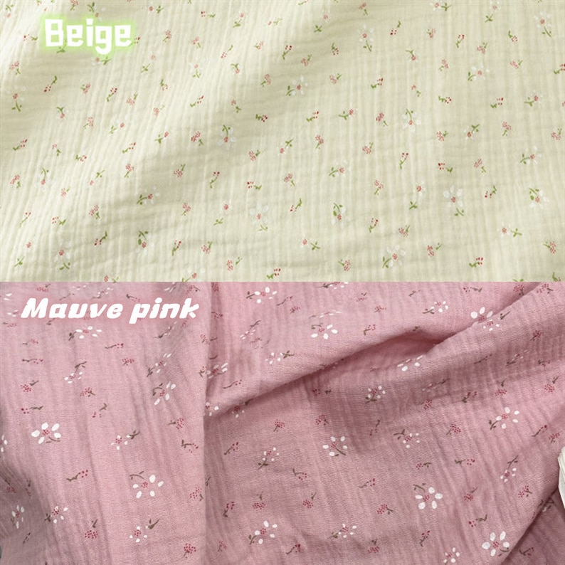 May include: Two sections of fabric, one beige and one mauve pink, both with a floral pattern. The beige fabric has small pink and white flowers scattered across it. The mauve pink fabric has a similar pattern, with white flowers and pink accents.