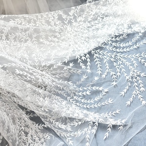 53.1&quot; Ivory Leaf Lace Fabric, Leaf Branch Embroidery Lace Fabric, Embroidered Tulle Mesh Lace Fabric, Bridal Lace Fabric By the Yard