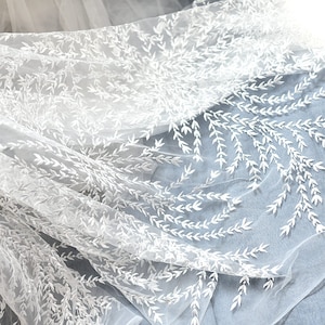 53.1" Ivory Leaf Lace Fabric, Leaf Branch Embroidery Lace Fabric, Embroidered Tulle Mesh Lace Fabric, Bridal Lace Fabric By the Yard