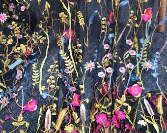 Multi-color embroidered Floral lace fabric, embroidered tulle lace fabric, bridal lace fabric, wedding veil fabric, by 1 yard