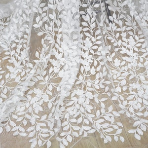 53" Wide Leaf Branch Embroidery Lace Fabric in Off white, Sequins Lace Fabric for Wedding Dress, Couture Dress, Ball Gown, Curtain