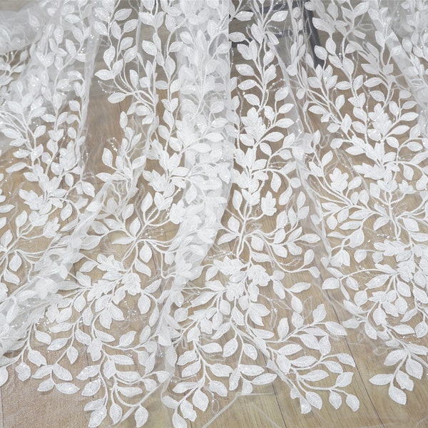 53" Wide Leaf Branch Embroidery Lace Fabric in Off white, Sequins Lace Fabric for Wedding Dress, Couture Dress, Ball Gown, Curtain