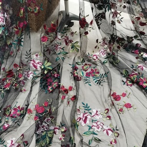 51&quot; Width Colorful Floral Embroidery Lace Fabric Black Tulle Embroidery Fabric Wedding Gown Fabric, Bridal Dress Lace Fabric By 1 Yard