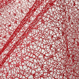 May include: Red mesh fabric with a delicate, intricate pattern. The mesh is fine and has a slightly shimmery appearance.