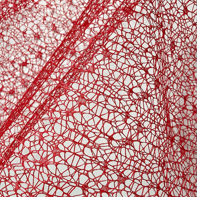 May include: Red mesh fabric with a delicate, intricate pattern. The mesh is fine and has a slightly shimmery appearance.