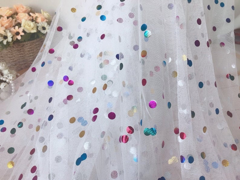 Off white Tulle Fabric, Rainbow Polka Dots Tulle Fabric, Colorful Polka Dots Mesh Tulle Fabric for Tutu Dress, Wedding Gown, Veils imagem 9