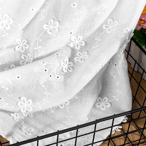 Cotton eyelet lace fabric with 3d floral embroidery, cotton lace fabric by the yard, off white cotton embroidered fabric