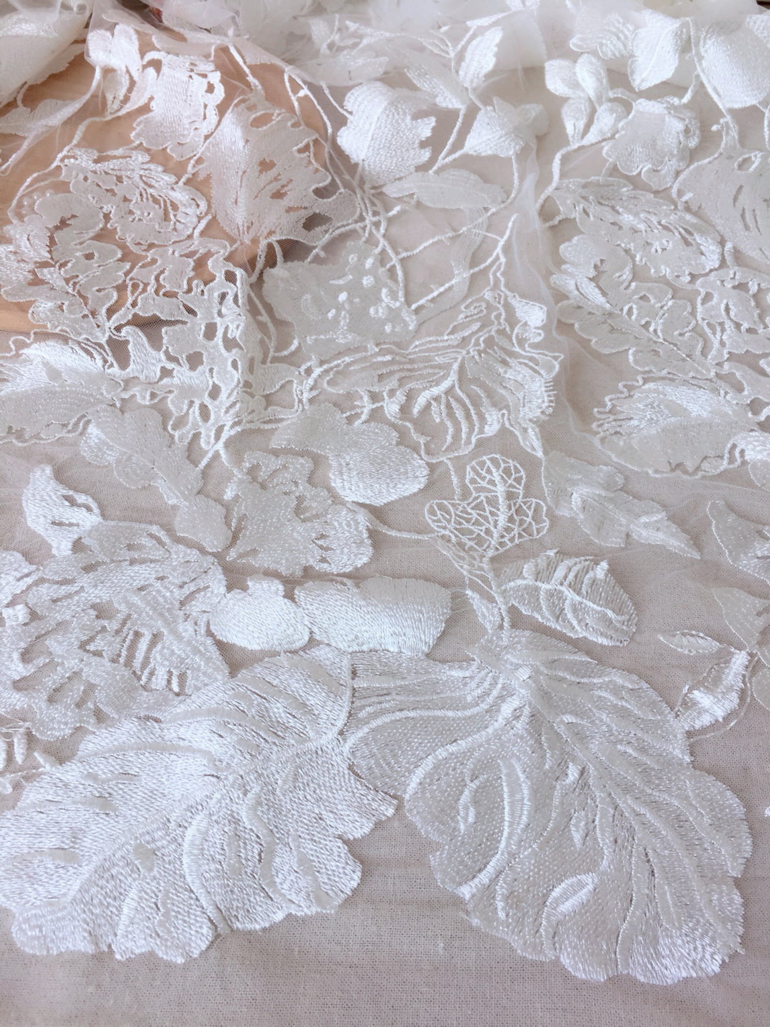 Ivory Leaf Floral Embroidered Lace Gauze Tulle Fabric for Etsy