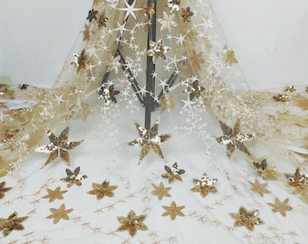 Sparkling Sequin Gold Star Tulle Lace Fabric, Star Embroidery Exquisite Bridal Wedding Lace Fabric, Sequined Star Embroidery Lace fabric