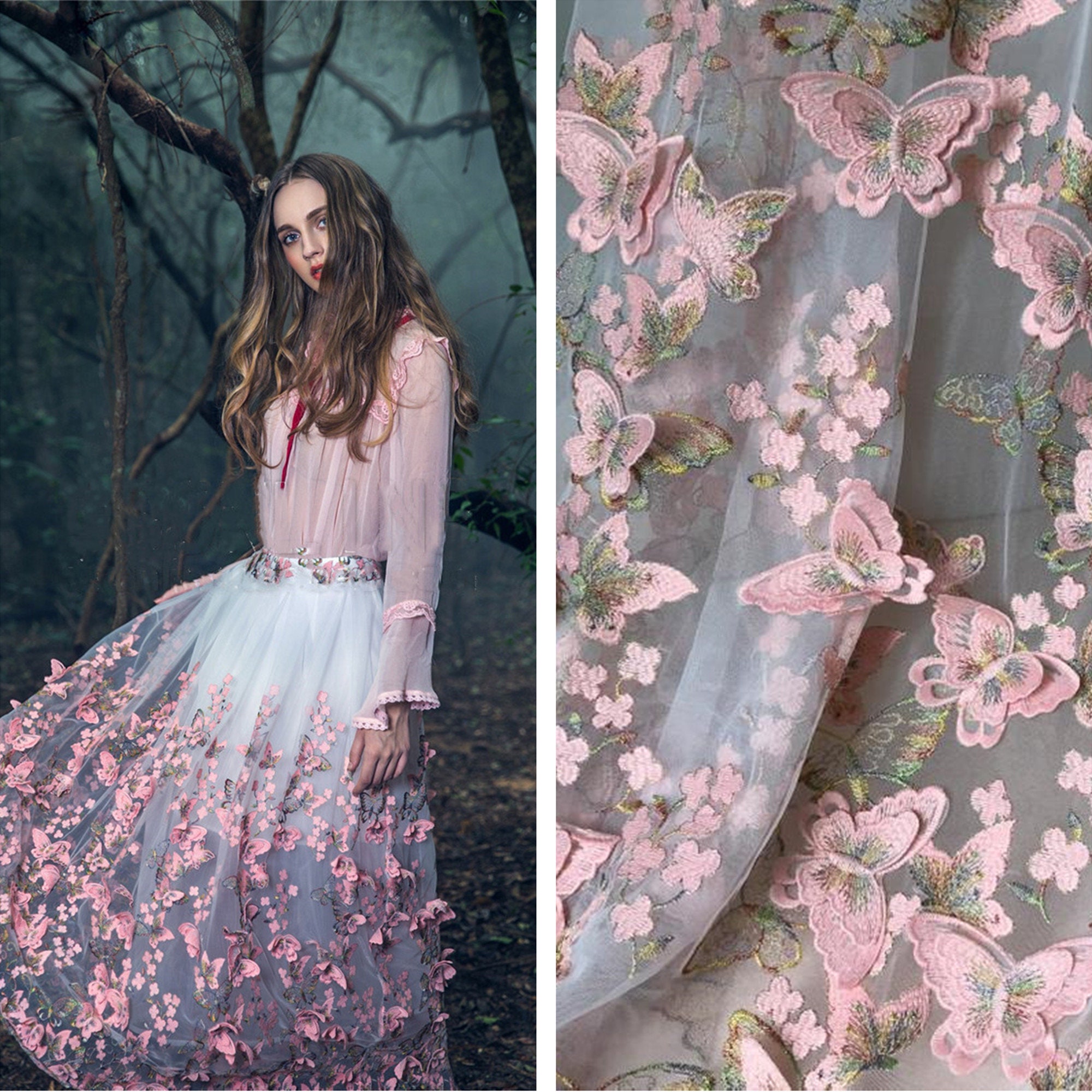 Download Pink 3d Butterfly Lace Fabric Pink Gold Thread Butterfly Mesh Etsy