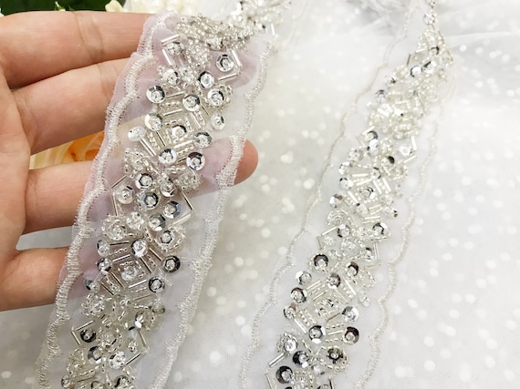 beaded trim for wedding dress Shiny Beaded Lace Applique Glitter Tulle V-neck Sleeveless A-line Wedd   clover sew