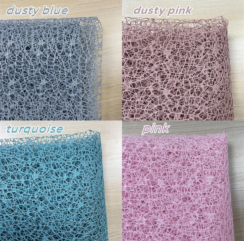 May include: Four samples of mesh fabric in different colors: dusty blue, dusty pink, turquoise, and pink. The fabric has a delicate, open weave.