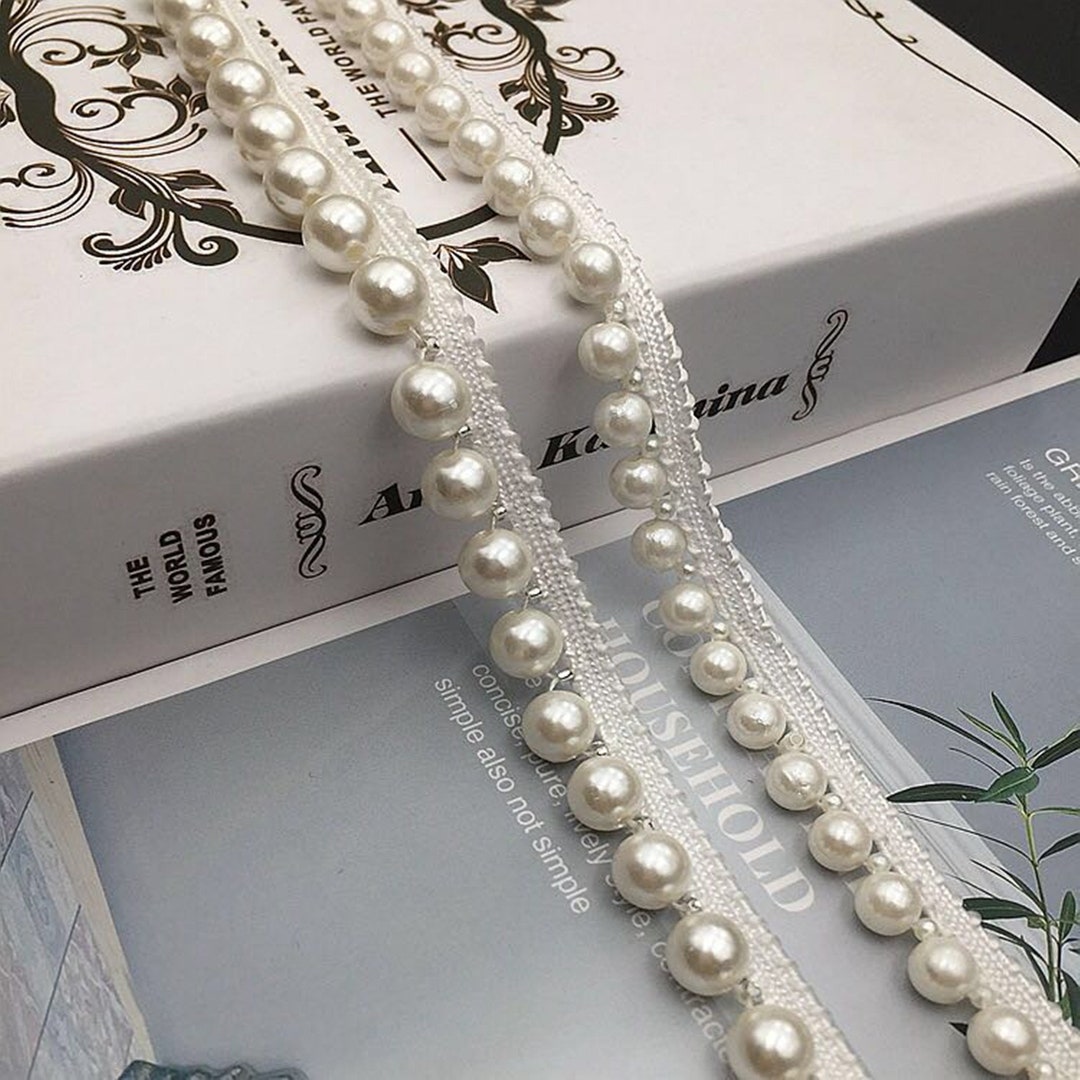 White Beaded Lace Trim Rhinestone Pearl Lace Trim for Wedding Bridal Belt  Dress Sash Jewelry 0.39 Inch Wide 1 Yard L0318 