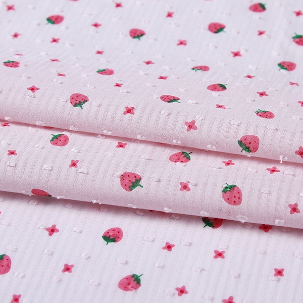 Strawberry Fabric, Strawberry Print Cotton Fabric with 3D Polka Dots, Pure Cotton Fabric for Dress, Gown, Blouse, Baby Dress, Garment