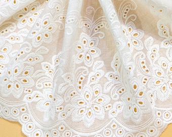 6.89" wide Cotton lace trim, eyelet cotton trim, off white embroidered cotton lace trim, curtain lace by the yard