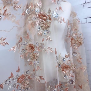 Champagne Sequins Lace Fabric, Embroidered 3d Flowers Tulle Lace Fabric, Beading Rhinestones Lace Fabric, Bridal Wedding Dress Fabric
