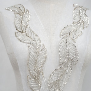 Ribete de encaje con cuentas plateadas de lujo, ribete de encaje con patrón de hojas con cuentas, ribete de malla con cuentas para cinturón de boda, faja nupcial, correas de vestido, decoración